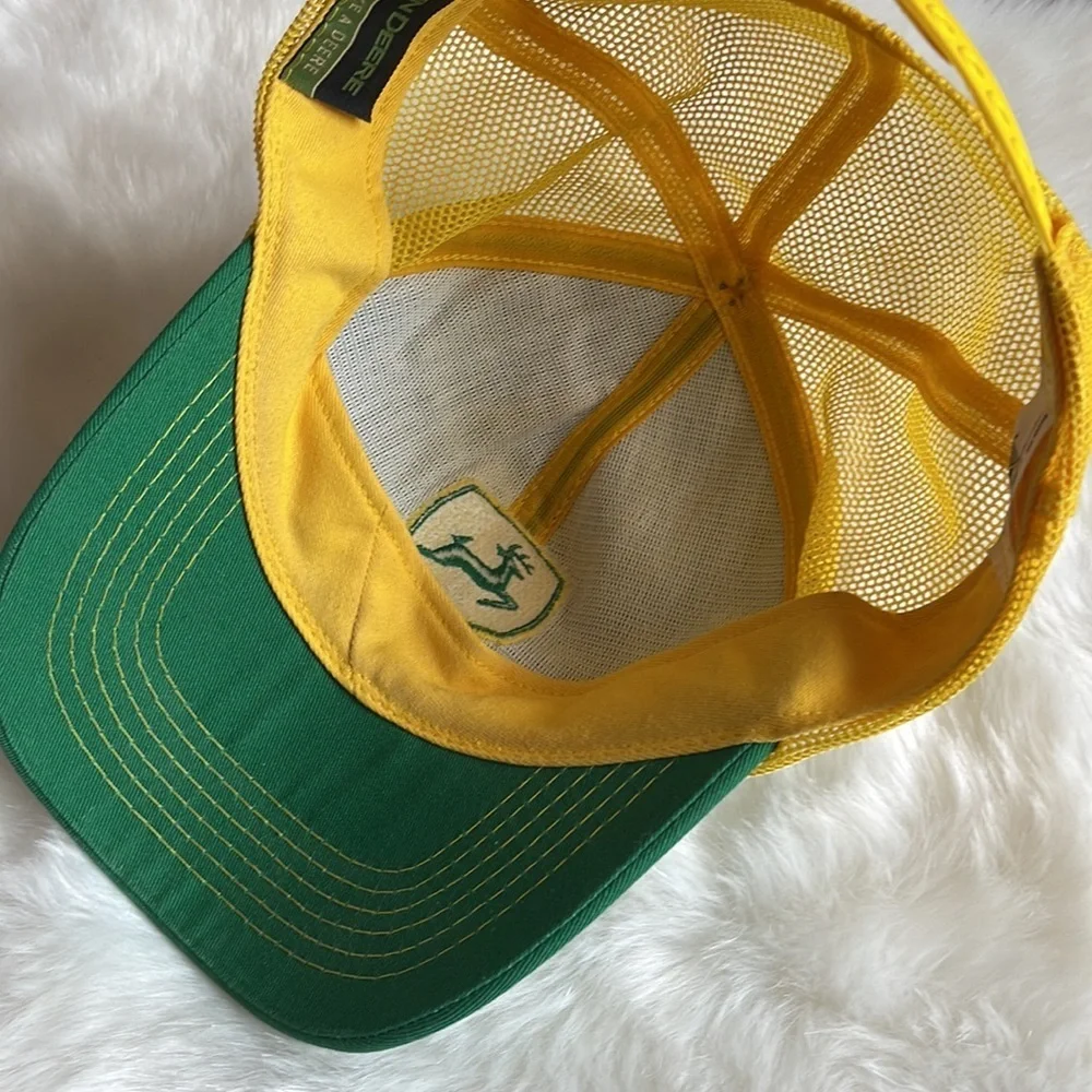 John Deere Vintage Square Patch Mesh Snapback Trucker Hat Retro Green Yellow